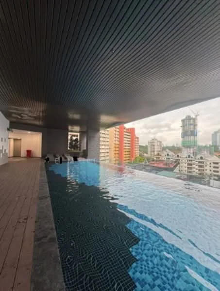Exterior type: high-rise condominium; features: infinity pool, pool deck with loungers, wooden ceiling, city skyline view, glass railing, tiled pool surface, surrounding urban landscape; style: modern.