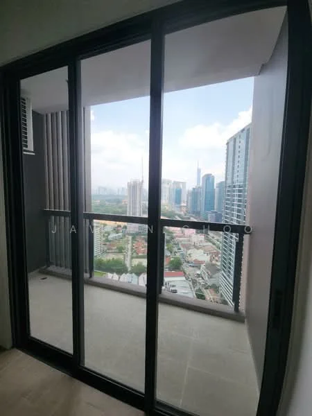 Room features: floor-to-ceiling sliding glass door, grey wall, light-colored flooring, city skyline view, balcony space, air conditioning unit; style: modern; view: city.