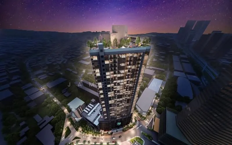 Exterior type: high-rise condominium; features: glass curtain wall, illuminated facade, rooftop garden with greenery, surrounding urban landscape, multiple balconies, street-level landscaping, parking area visible, night view with starry sky; style: modern.