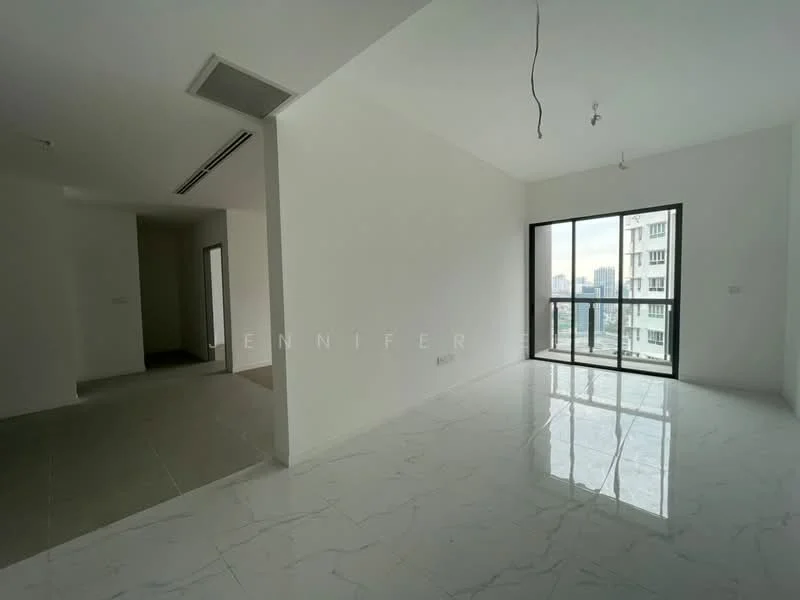 Living features: white painted walls, marble tile flooring, floor-to-ceiling windows, balcony access, recessed downlights, open layout, city view, no visible furniture; style: modern; view: city. Room features: white painted walls, tile flooring, open layout, no visible furniture.