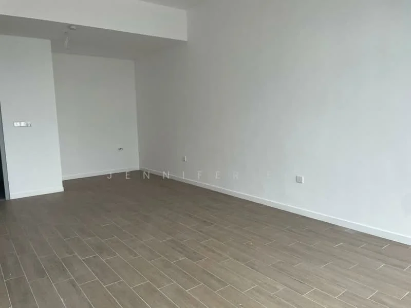 Room features: light grey painted walls, wooden flooring, recessed ceiling lights, no visible furniture, large open space, single window, neutral color palette; style: modern.