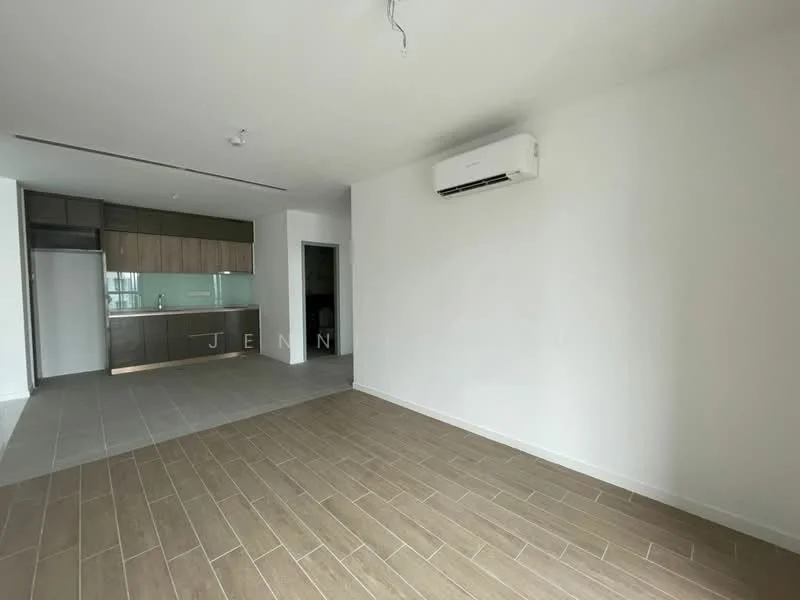 Living features: white painted walls, tile flooring, 1 wall-mounted split AC, recessed ceiling lights, open layout to kitchen, large windows, neutral color scheme, no visible furniture; style: modern. Kitchen features: brown cabinetry, glass backsplash, stainless-steel fridge, open shelving, countertop space, integrated sink, kitchen island, tile flooring; style: modern.