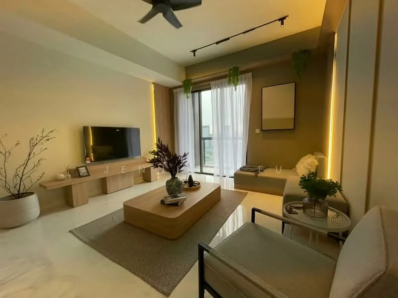 Living features: floor-to-ceiling windows, light grey walls, marble flooring, recessed LED downlights, 5-blade ceiling fan, wall-mounted TV, wooden TV console, coffee table, area rug with geometric pattern, upholstered armchair, decorative plant, decorative vase, framed artwork, curtains; style: modern; view: city.