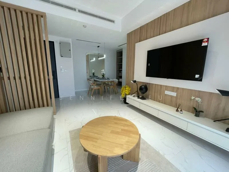 Living features: light grey fabric sofa, round wooden coffee table, wall-mounted TV, white TV console, wood panel accent wall, marble tile flooring, recessed ceiling lights, floor lamp, decorative plants, open shelving unit, mirror, dining area visible in background; style: modern.