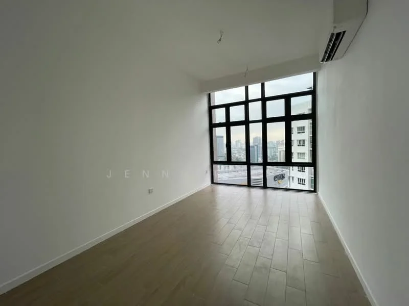 Room features: white painted walls, wooden flooring, floor-to-ceiling windows, city view, 1 wall-mounted split AC; style: modern; view: city.