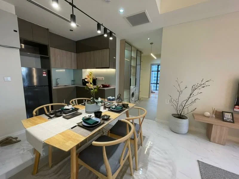 Dining features: 6-seater dining table, wooden dining chairs, table runner, ceramic plates, cutlery, decorative vase with flowers, wall-mounted TV, area rug with geometric pattern; style: modern. Kitchen features: stainless-steel fridge, built-in cabinetry, countertop with bar stools, kitchen appliances visible, open layout to dining area; style: modern.