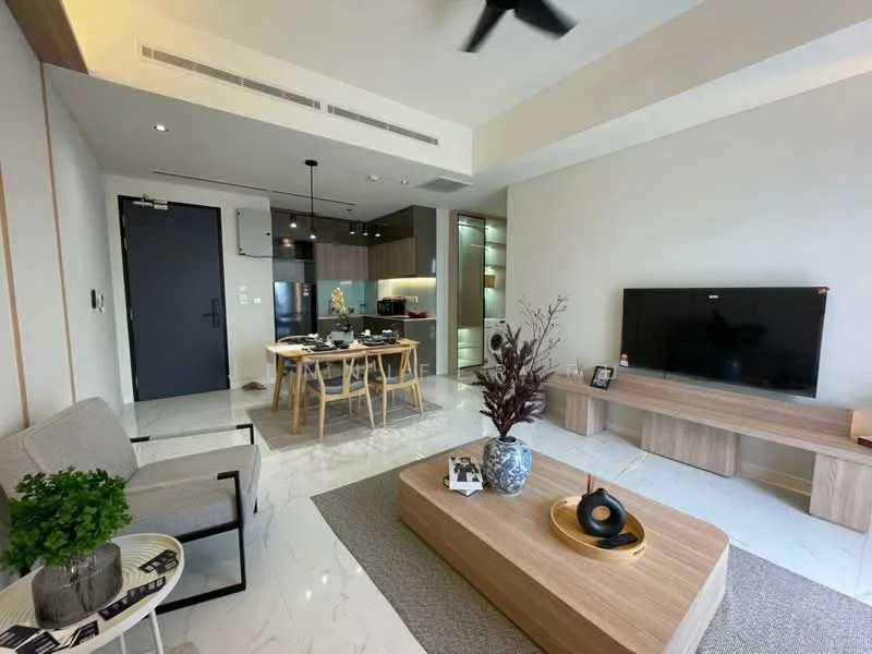 Living features: white painted walls, marble tile flooring, 5-blade ceiling fan with light, wall-mounted TV, wooden TV console, coffee table with decorative items, area rug, upholstered armchair, dining table with chairs, kitchenette with cabinets, recessed lighting; style: modern.