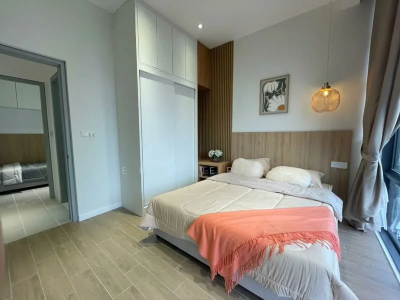Bedroom features: king-size bed with white bedding, upholstered headboard, wood accent wall, built-in wardrobe with sliding doors, nightstand with lamp, decorative wall art, large window with sheer curtains, wooden flooring, pendant light fixture; style: modern.
