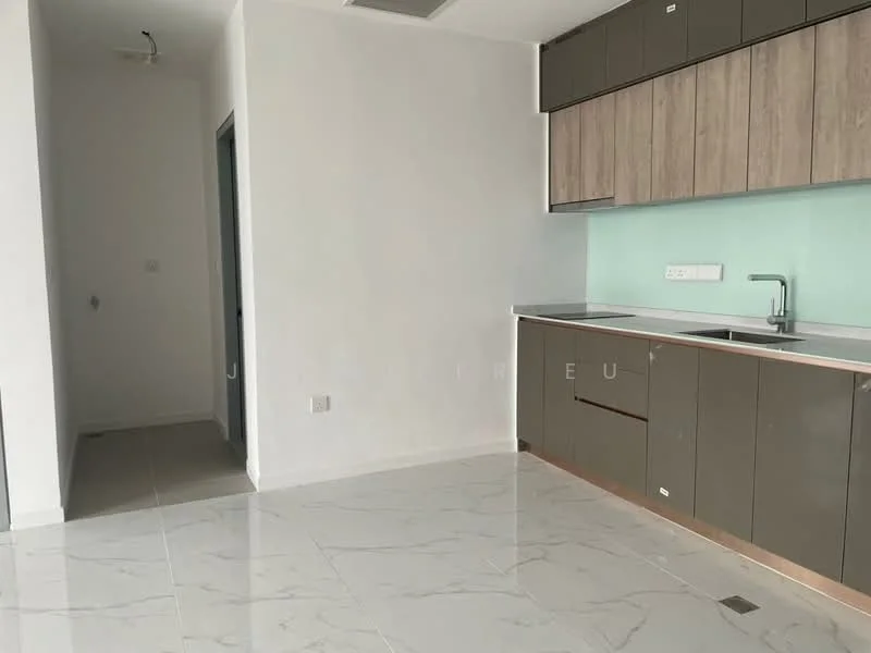 Kitchen features: grey cabinetry, white marble tile flooring, stainless-steel sink, chrome pull-down faucet, white walls, light green backsplash, built-in countertop, recessed downlights; style: modern. Room features: white walls, grey accent wall, doorway leading to another room, tile flooring.