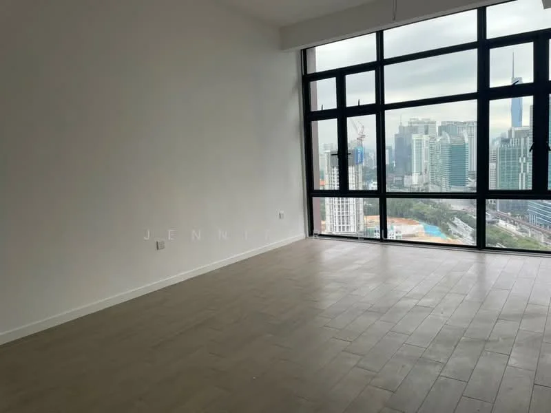 Room features: large floor-to-ceiling windows, city skyline view, light-coloured wooden flooring, plain white walls, no visible furniture, open layout, natural light, minimalist design; style: modern; view: city.