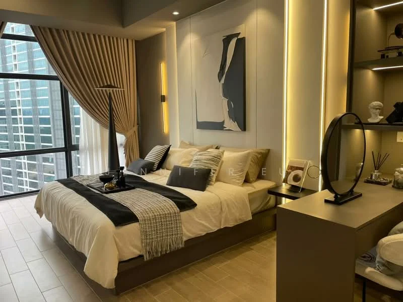 Bedroom features: king-size bed with upholstered headboard, white bedding with decorative pillows, bedside table with lamp, wall-mounted artwork, floor-to-ceiling windows, sheer curtains, wooden flooring, recessed LED lighting, decorative wall paneling, built-in shelving unit, decorative accessories on shelves; style: modern; view: city.