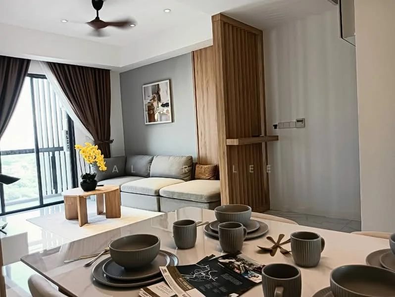 Living features: 3-seater fabric sofa in light grey, wooden coffee table, floor-to-ceiling windows, sheer curtains, dark brown curtains, ceiling fan with light, decorative wall art, marble flooring, wooden partition, decorative plant in vase; style: modern; view: garden. Dining features: 6-seater dining table, ceramic dining plates, ceramic bowls, cutlery, decorative centerpiece, magazine on table; style: modern.