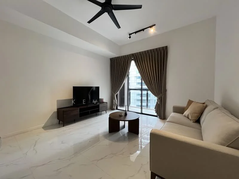 Living features: white painted walls, marble tile flooring, tray ceiling, 5-blade ceiling fan, floor-to-ceiling windows, sliding glass door, sheer curtains, TV console, wall-mounted TV, coffee table, beige fabric sofa, decorative cushions; style: modern; view: city.