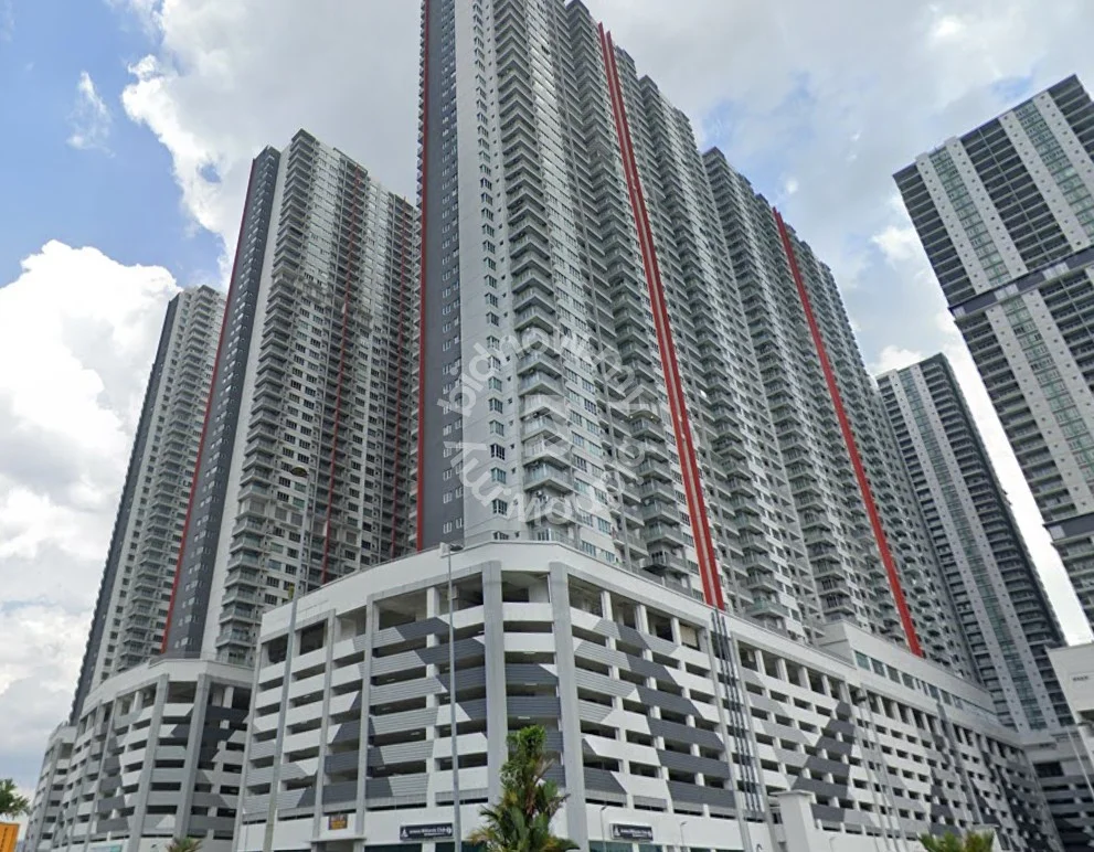 Exterior type: high-rise condominium; features: glass curtain wall, grey painted facade, red accent panels, multi-storey car park, balconies on upper floors, surrounded by greenery, modern architectural design, approximately 30-storey high-rise; style: modern.