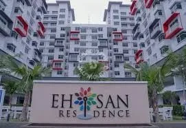Exterior type: mid-rise condominium; features: white painted facade, red accent balconies, multiple floors, landscaped entrance with palm trees, signage with 'EH SAN RESIDENCE', glass windows, balconies on each floor, modern architectural design; style: contemporary.